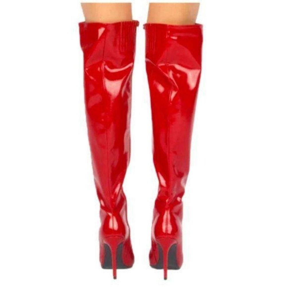 Red Patent Leatherette Knee Hi Boots - Picture 3 of 6